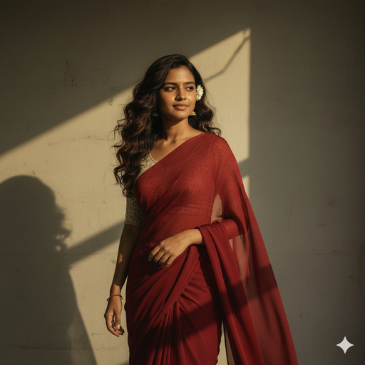 Gemini AI Girl in Saree Prompt: Red Chiffon Golden Hour (90s Bollywood)